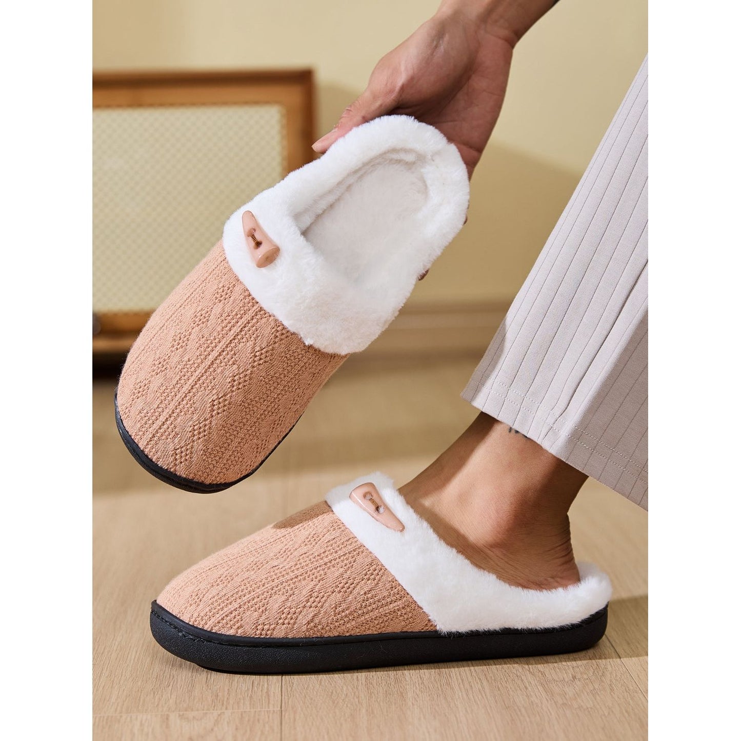 Horn Buckle Furry Texture Flat Slippers