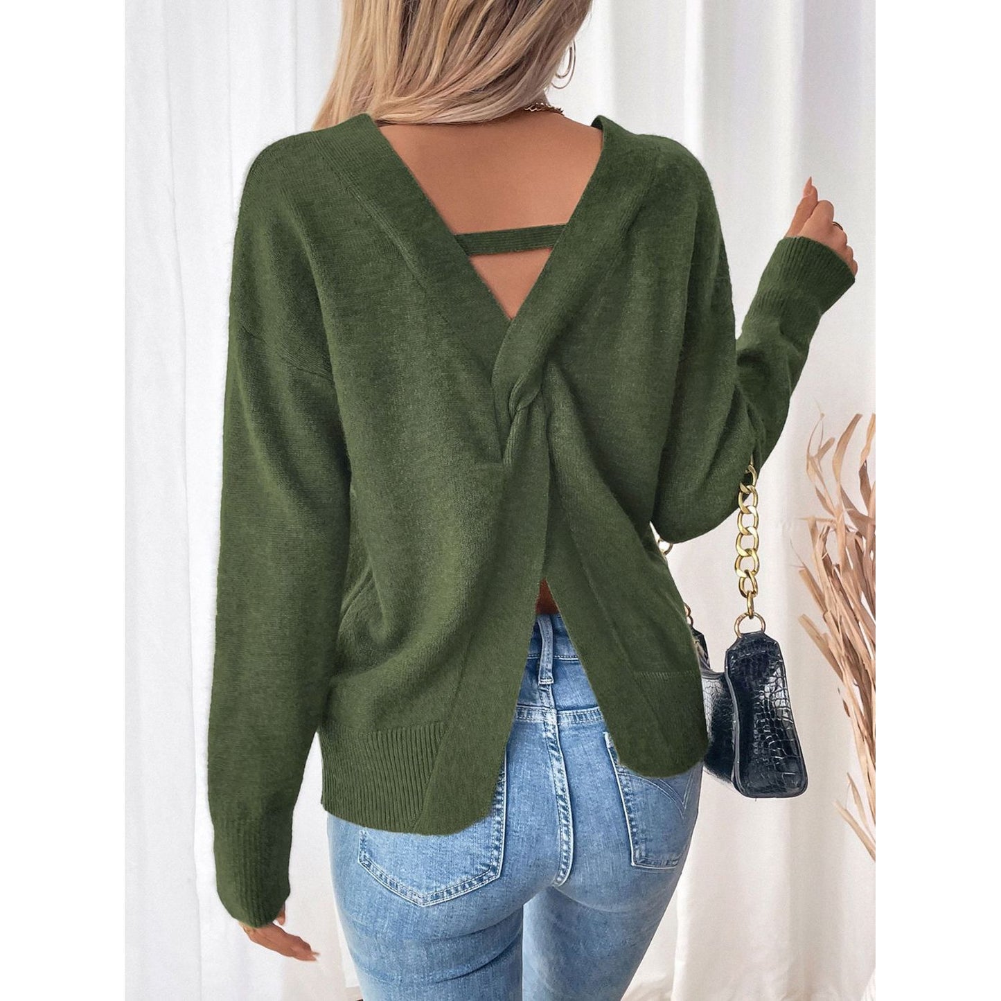 Perfee Twisted V-Neck Long Sleeve Sweatshirt