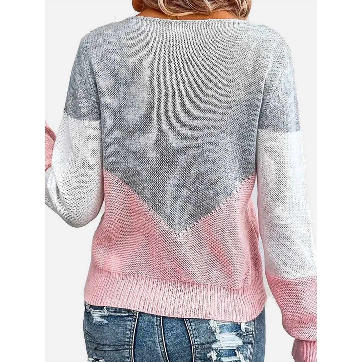 Openwork Contrast Round Neck Long Sleeve Knit Top