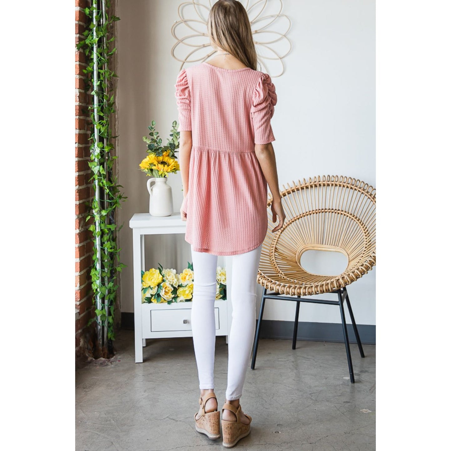 Heimish Full Size Waffle Knit V-Neck Babydoll Top