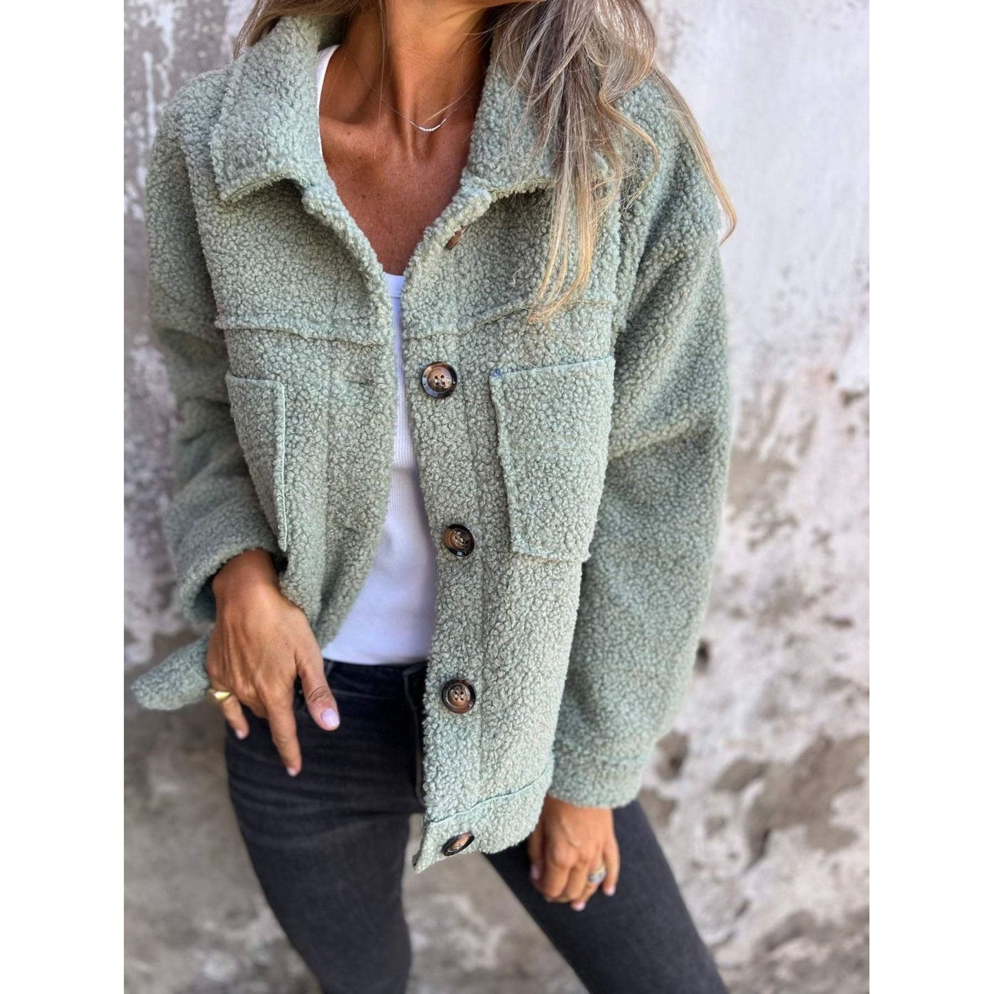 Full Size Fuzzy Button Up Drop Shoulder Jacket