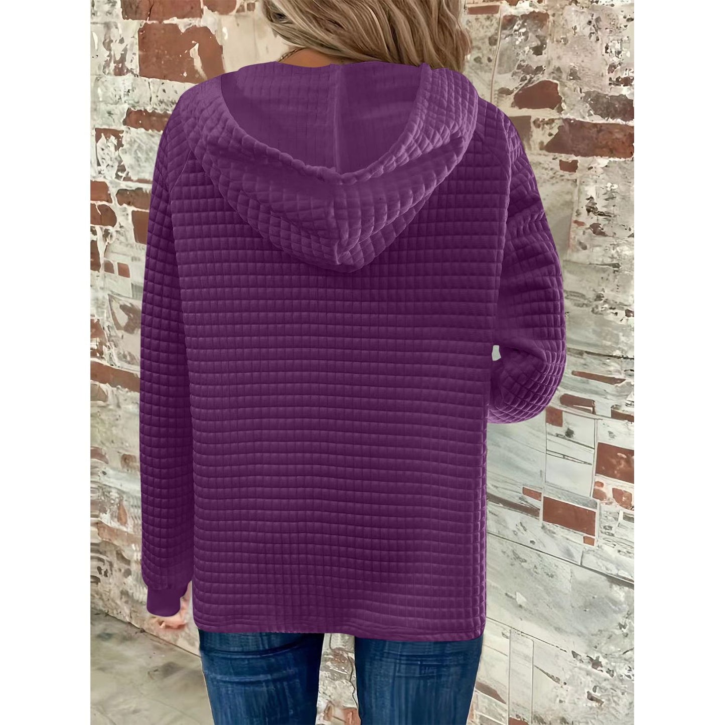 Full Size Texture Button Detail Drawstring Long Sleeve Hoodie