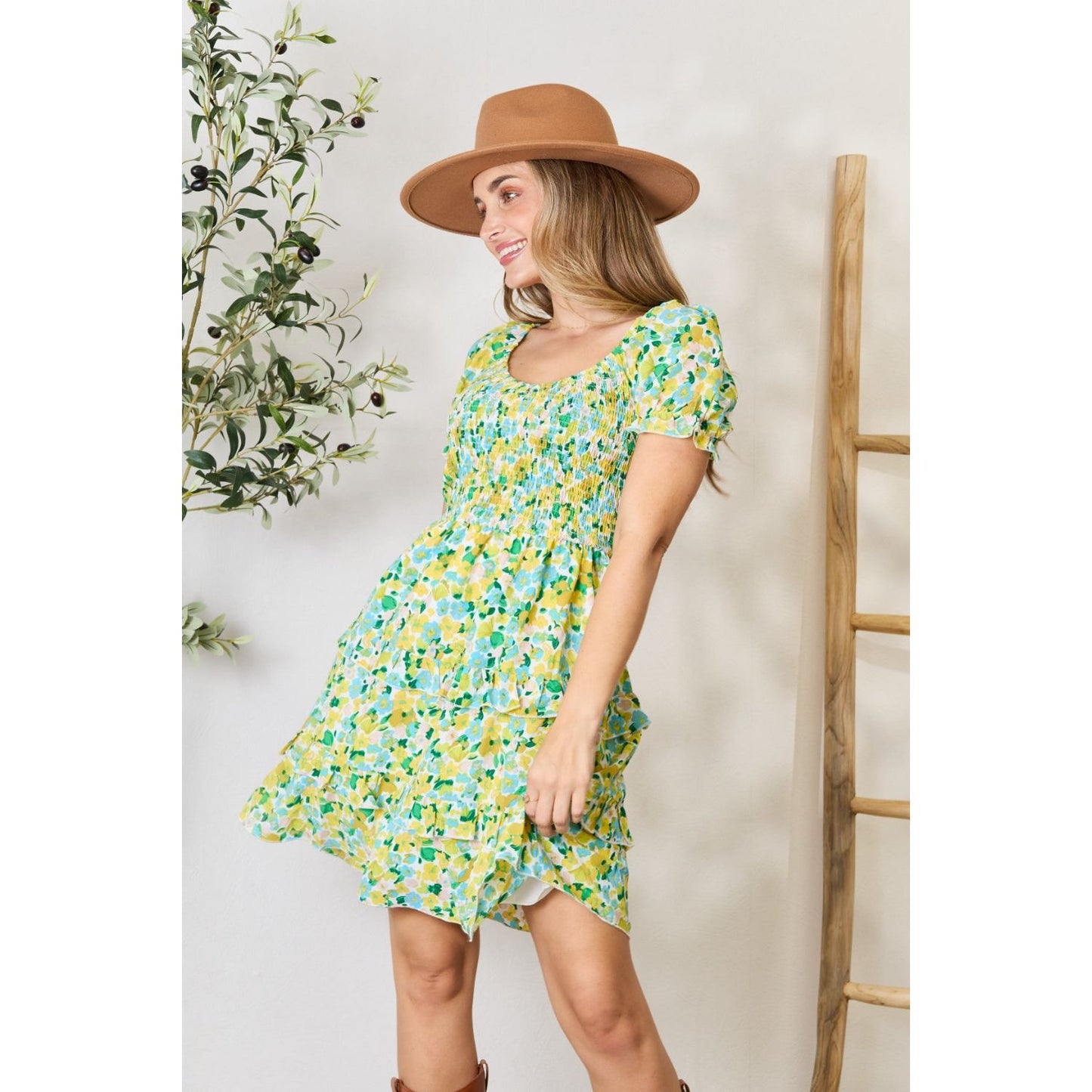 Smocked Scoop Neck Flounce Sleeve Mini Dress