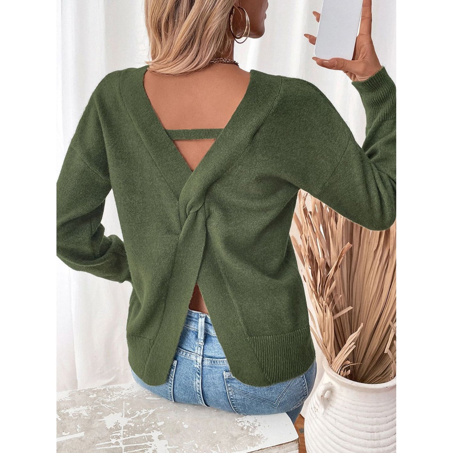 Perfee Twisted V-Neck Long Sleeve Sweatshirt