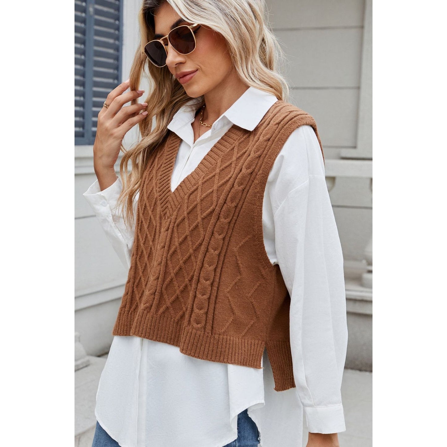 Cable-Knit V-Neck Sweater Vest