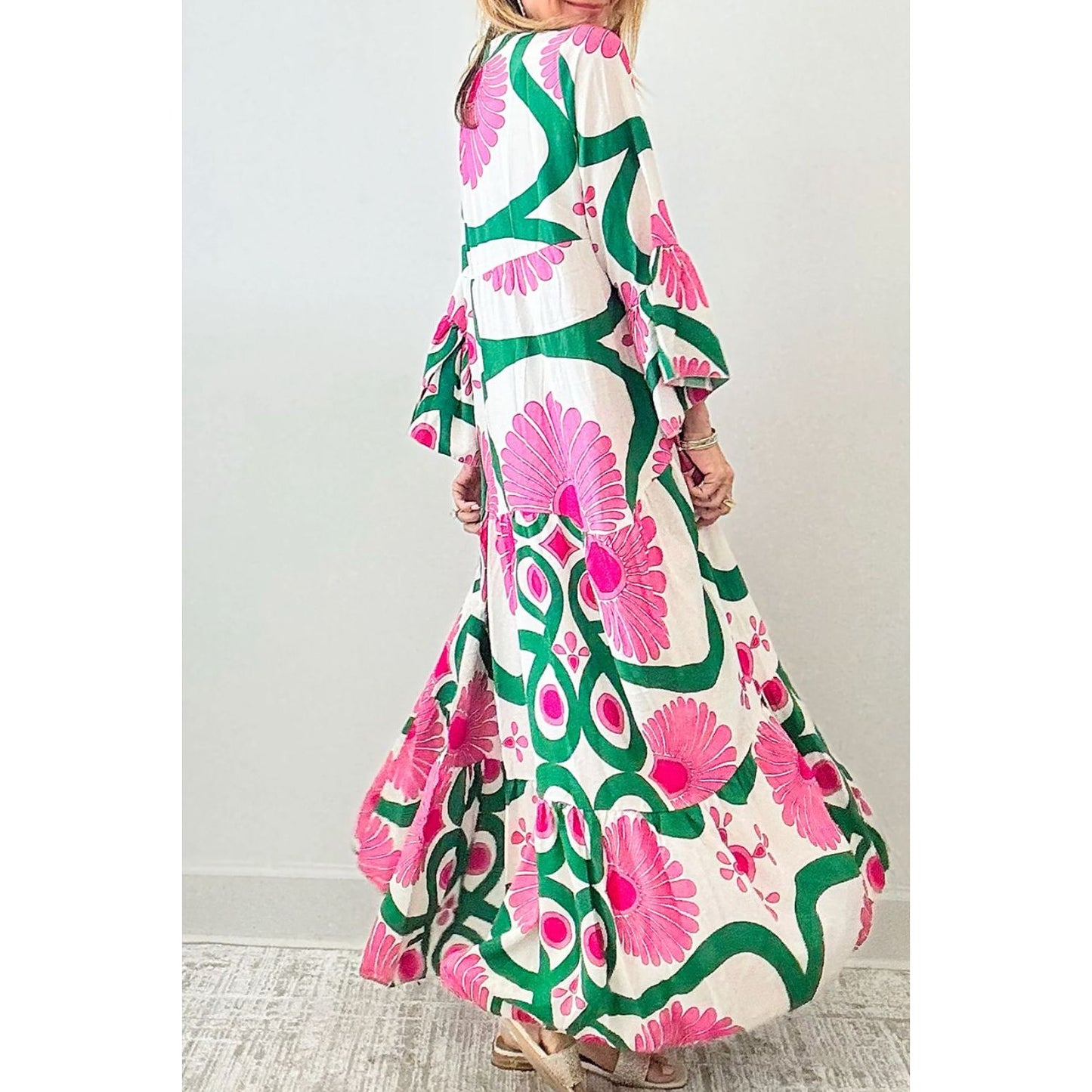 Printed Notched Long Sleeve Maxi Dress