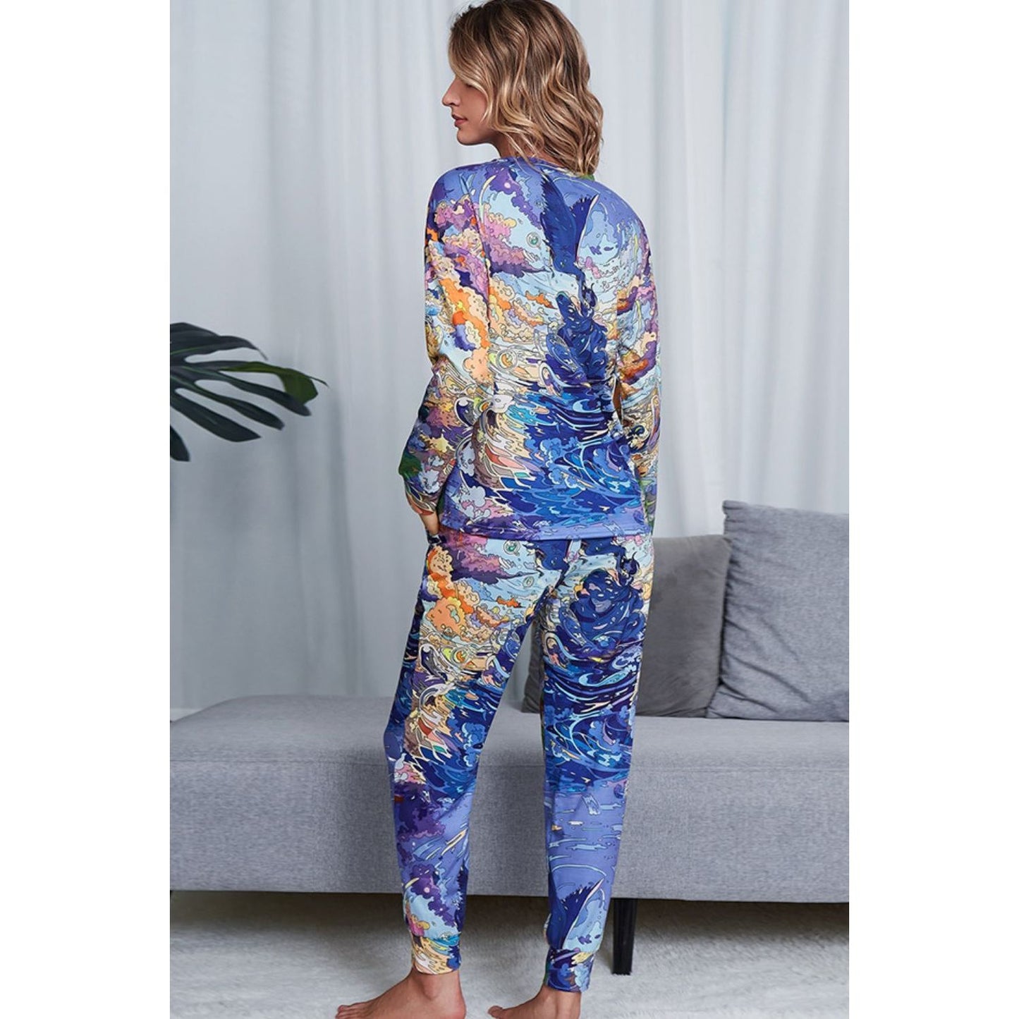 Shiny Tie-Dye Crewneck Top and Drawstring Waist Joggers Lounge Set