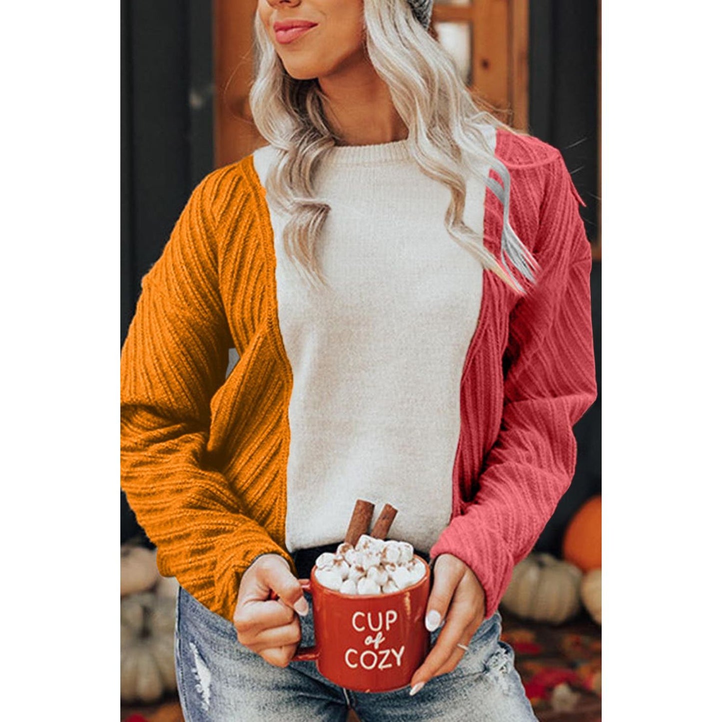 Color Block Textured Drop Shoulder Sweater