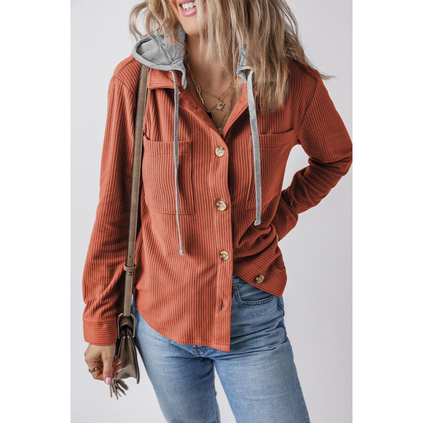Drawstring Button Up Long Sleeve Hooded Jacket