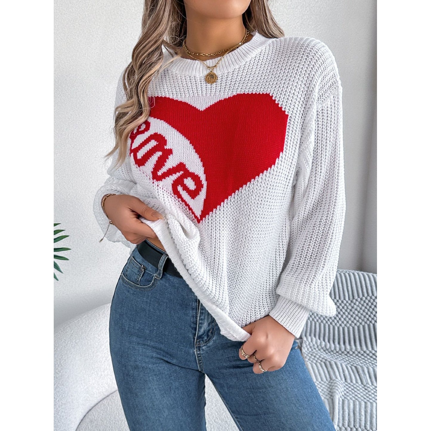 LOVE Heart Round Neck Dropped Shoulder Sweater