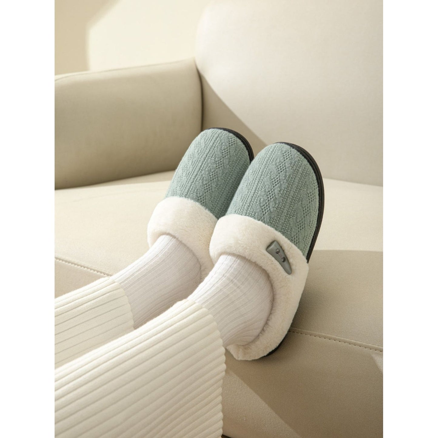 Horn Buckle Furry Texture Flat Slippers