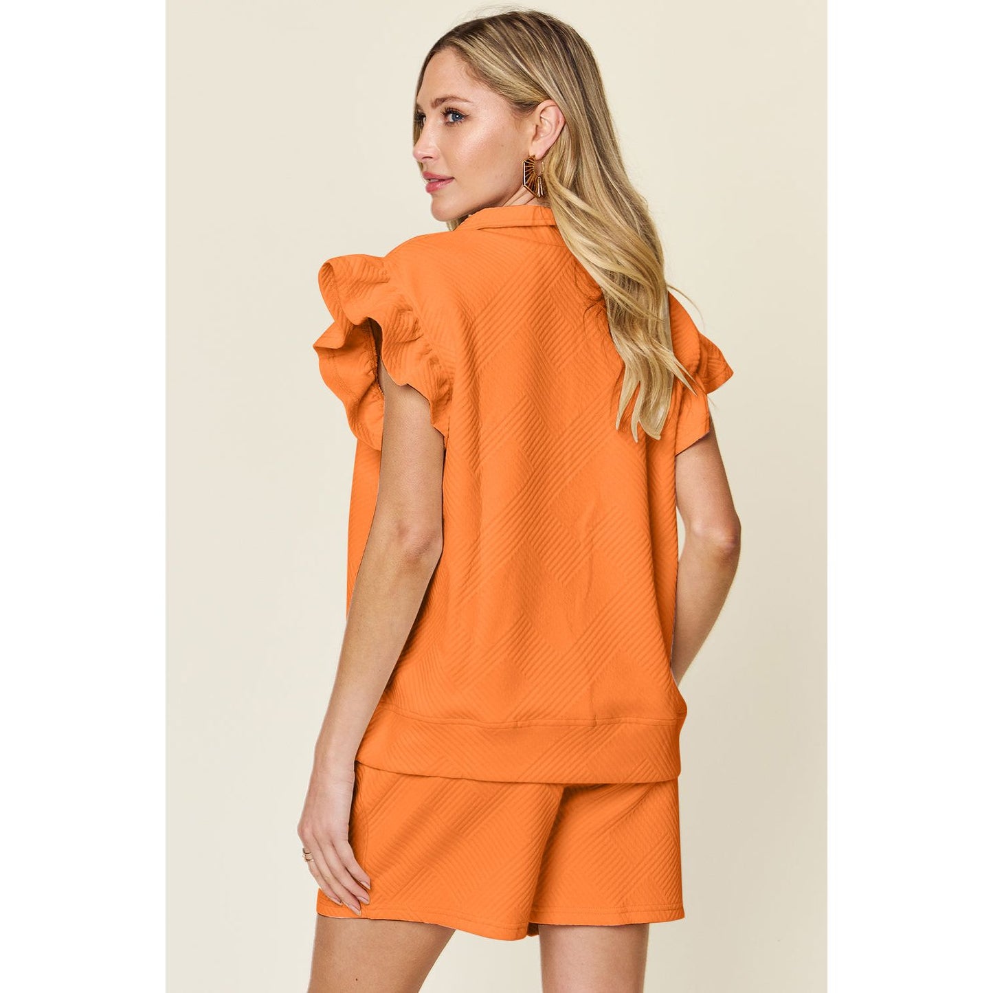 Double Take Full Size Texture Flounce Sleeve Top and Drawstring Shorts Set