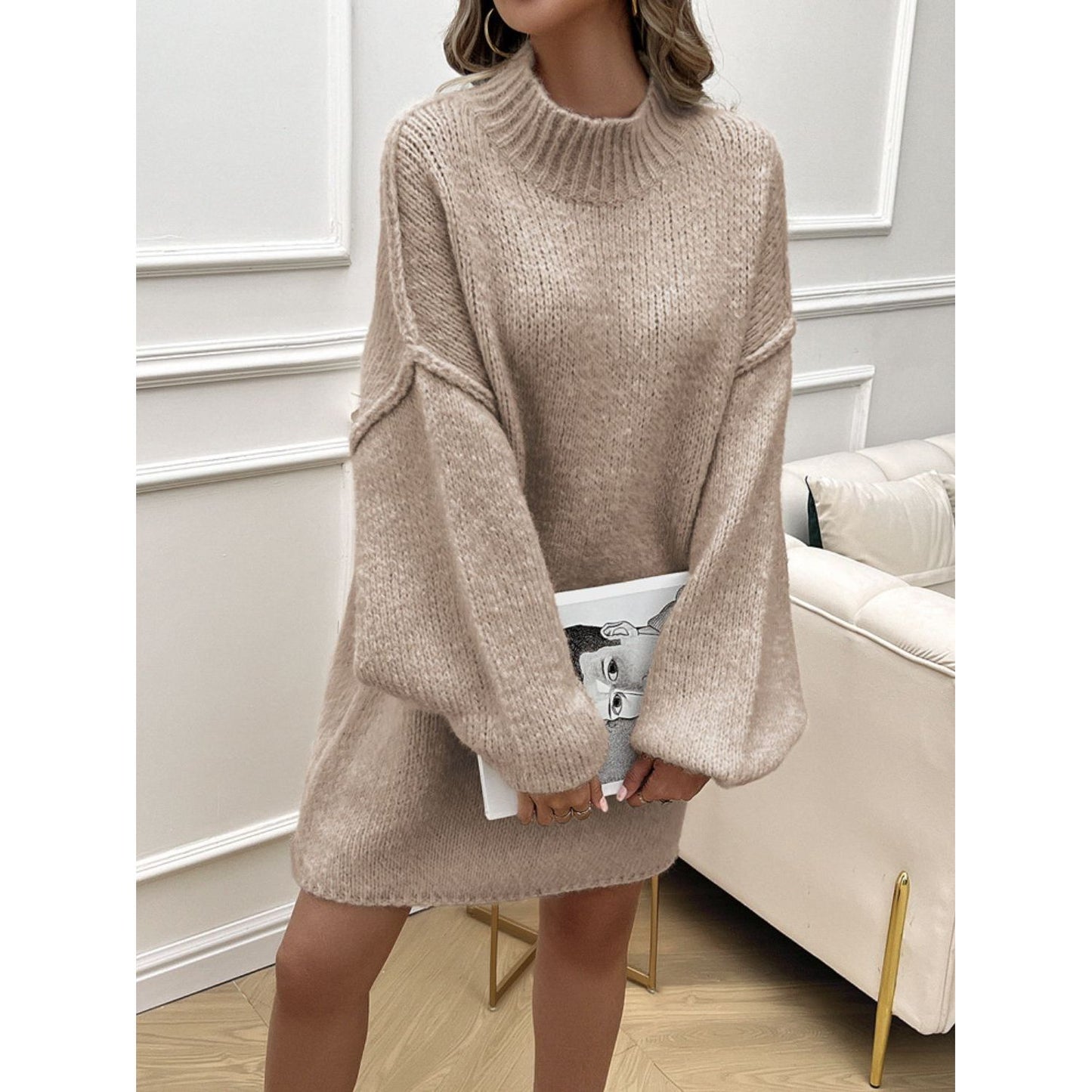 Devine Mock Neck Long Sleeve Mini Sweater Dress