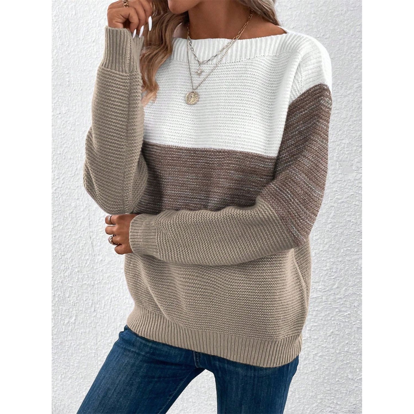 Color Block Drop Shoulder Long Sleeve Sweater