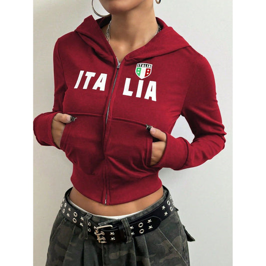 Letter Graphic Zip Up Long Sleeve Hoodie