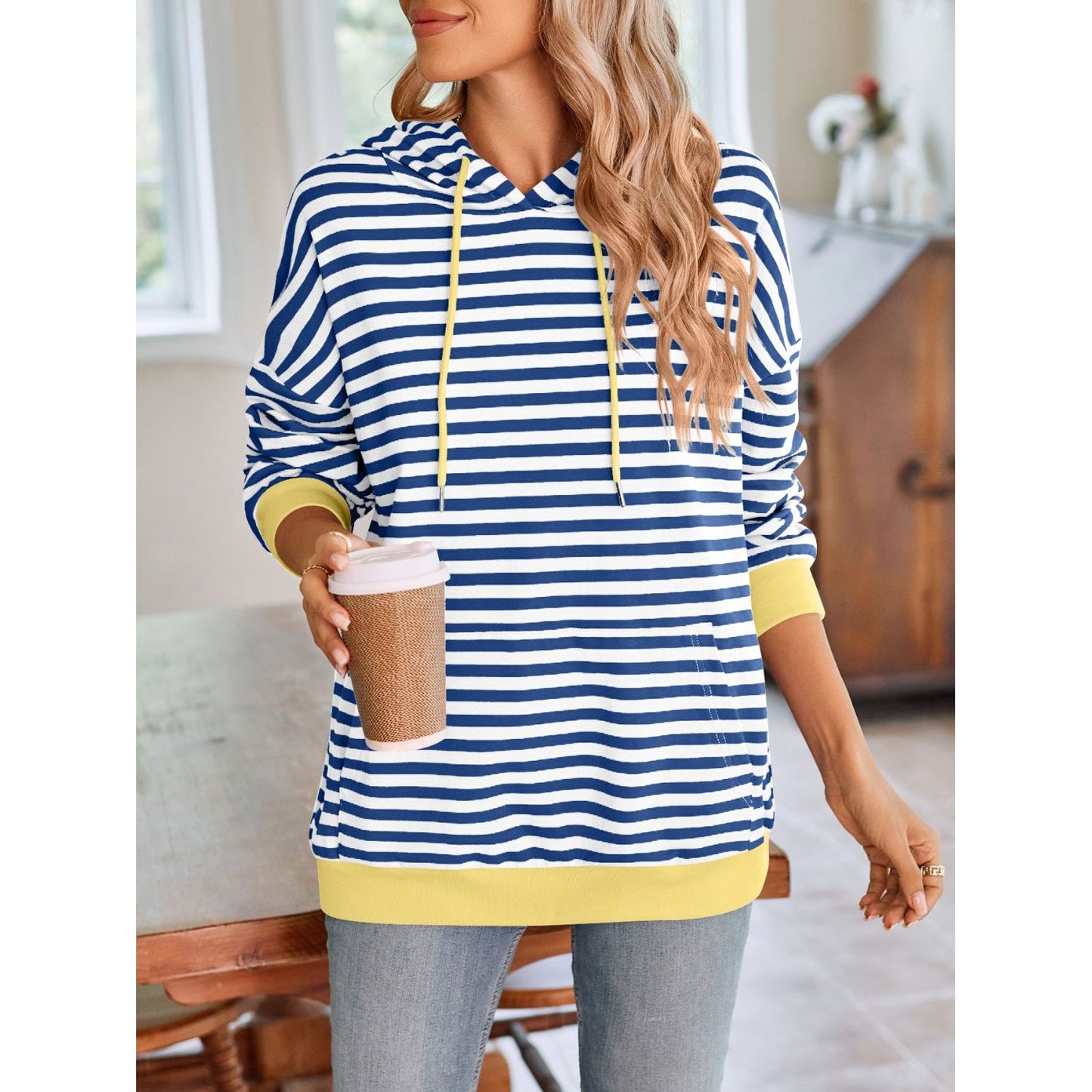 Lovelet Drawstring Striped Long Sleeve Hoodie