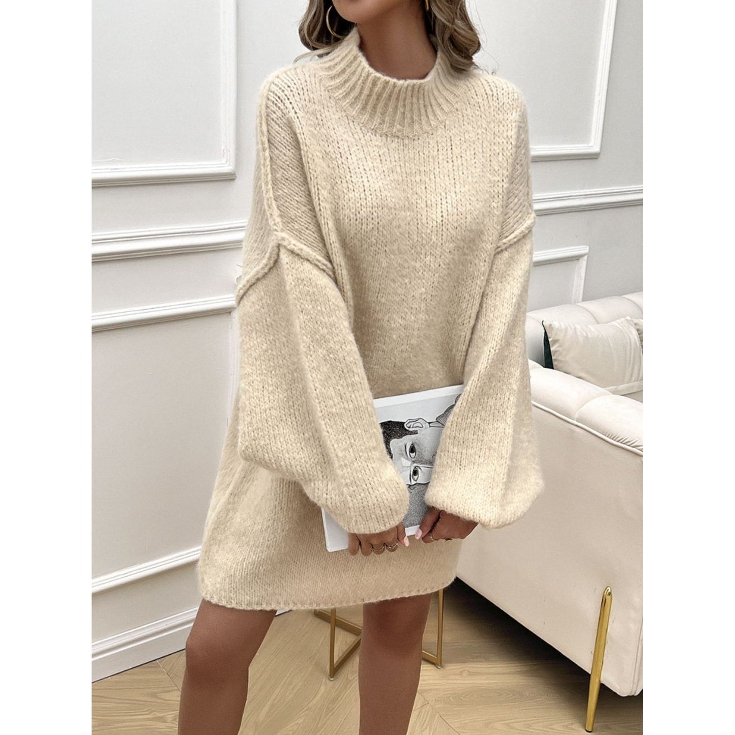 Devine Mock Neck Long Sleeve Mini Sweater Dress