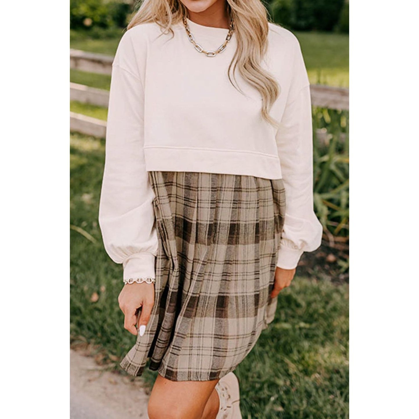 Plaid Round Neck Long Sleeve Mini Dress