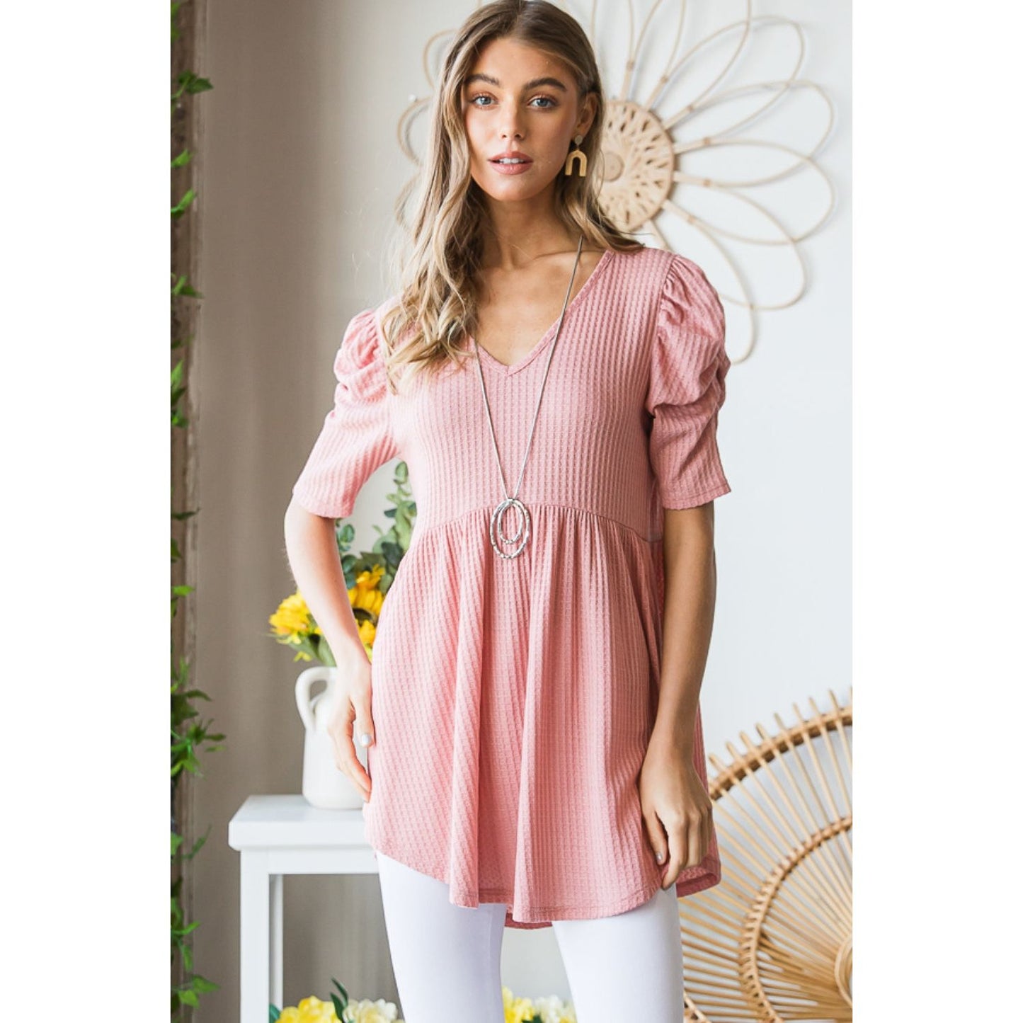 Heimish Full Size Waffle Knit V-Neck Babydoll Top