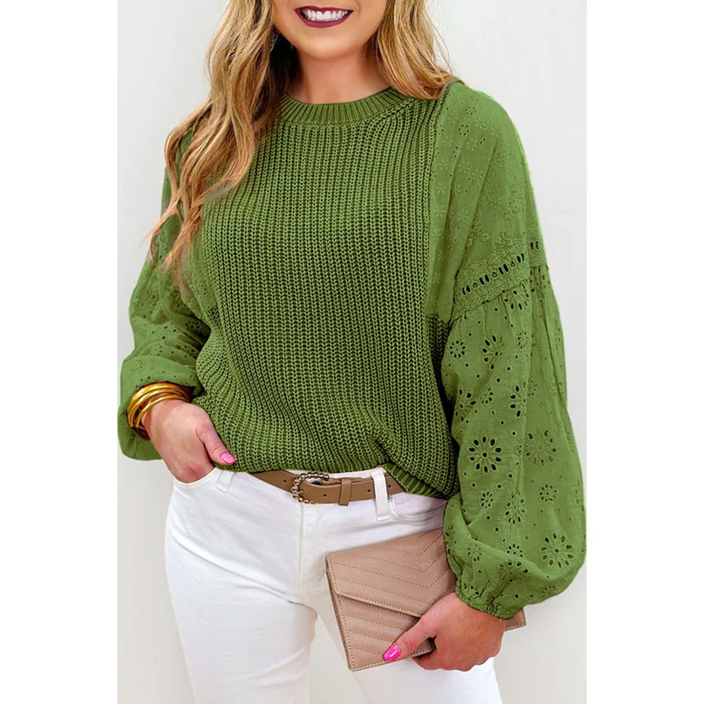Eyelet Round Neck Drop Shoulder Sweater