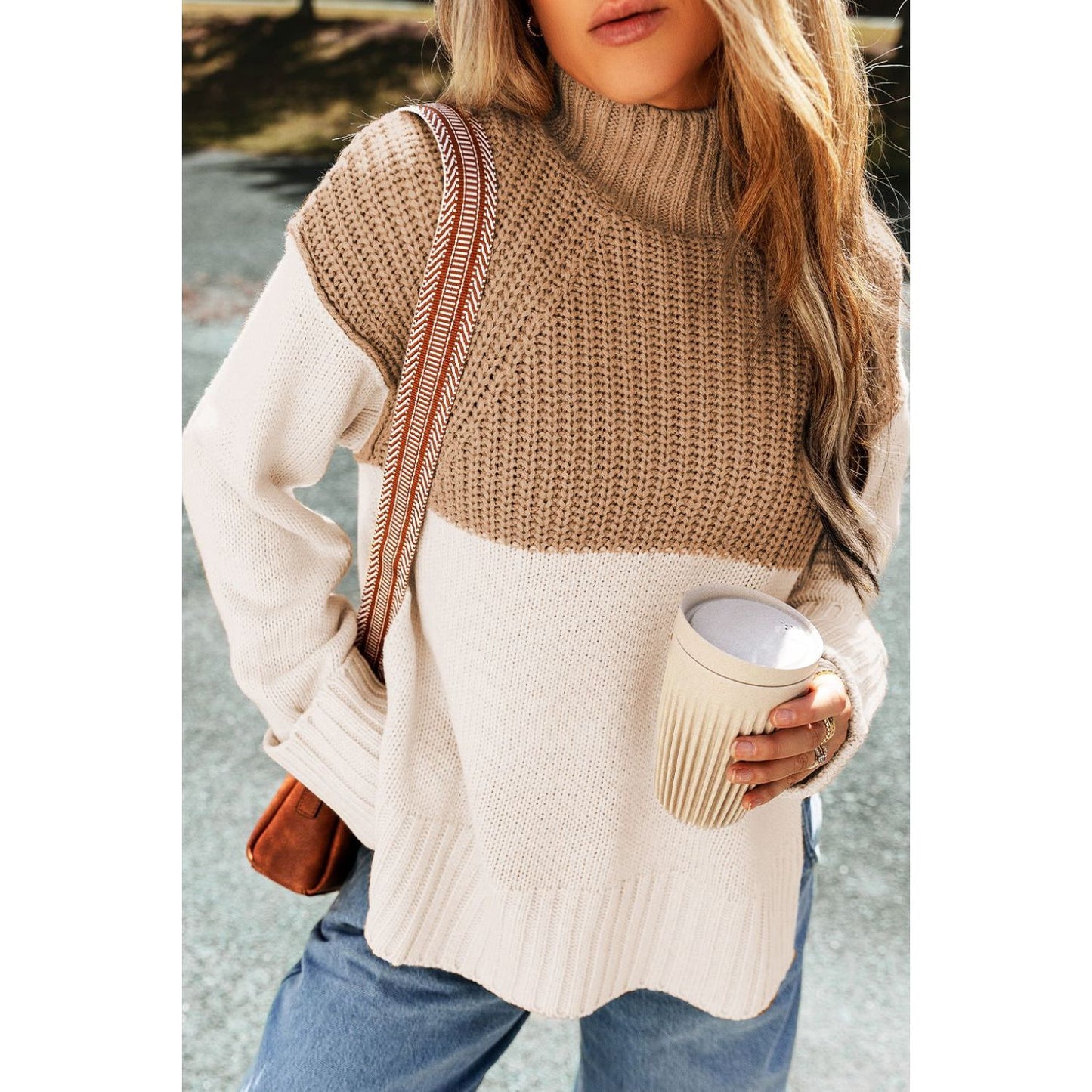 Slit Color Block Turtleneck Long Sleeve Sweater