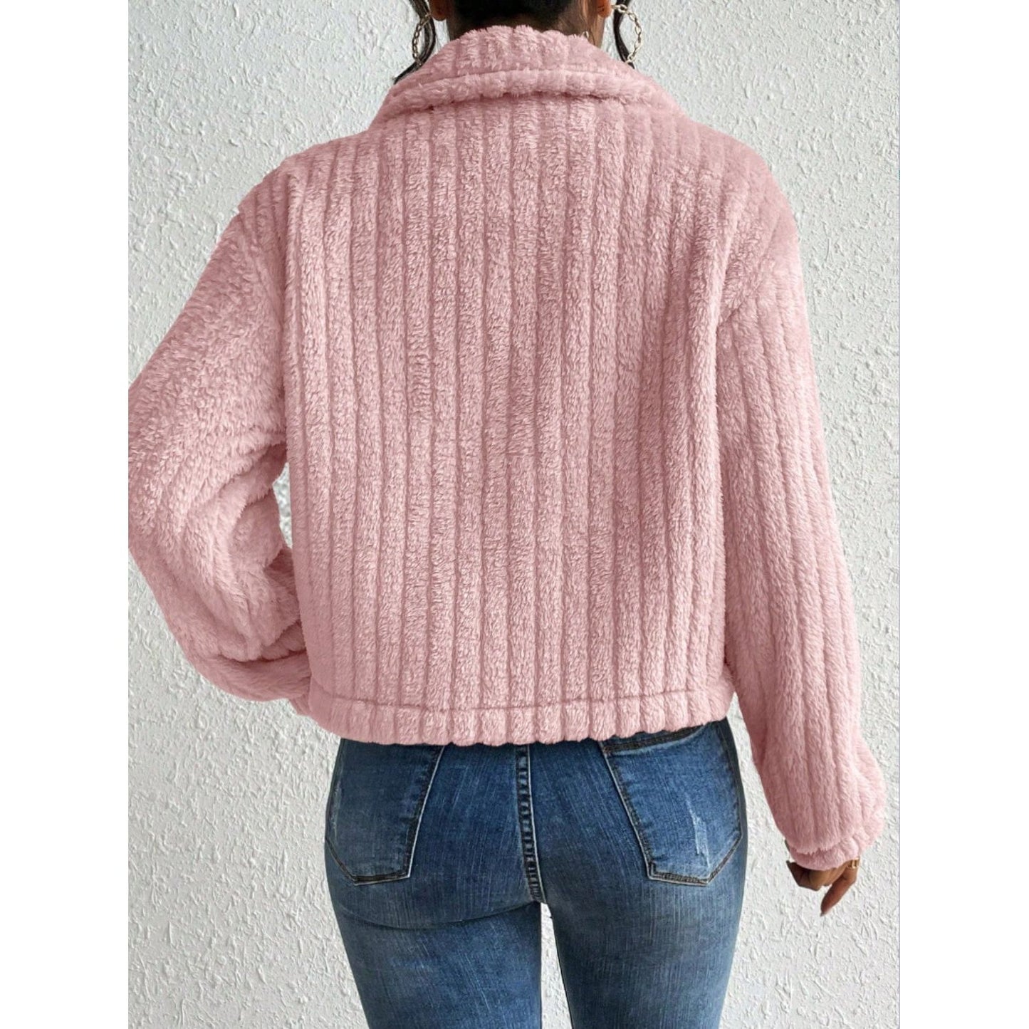 Fuzzy Button Up Collared Neck Jacket