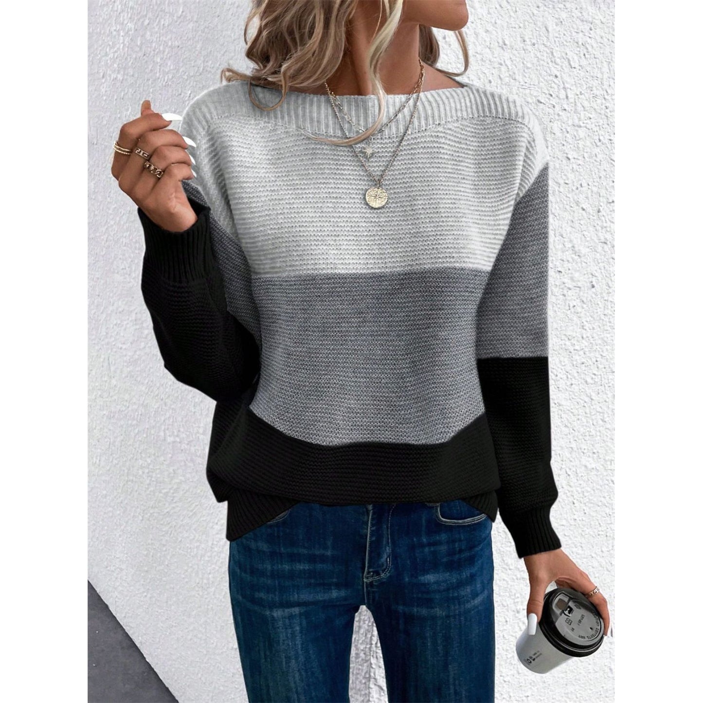 Color Block Drop Shoulder Long Sleeve Sweater