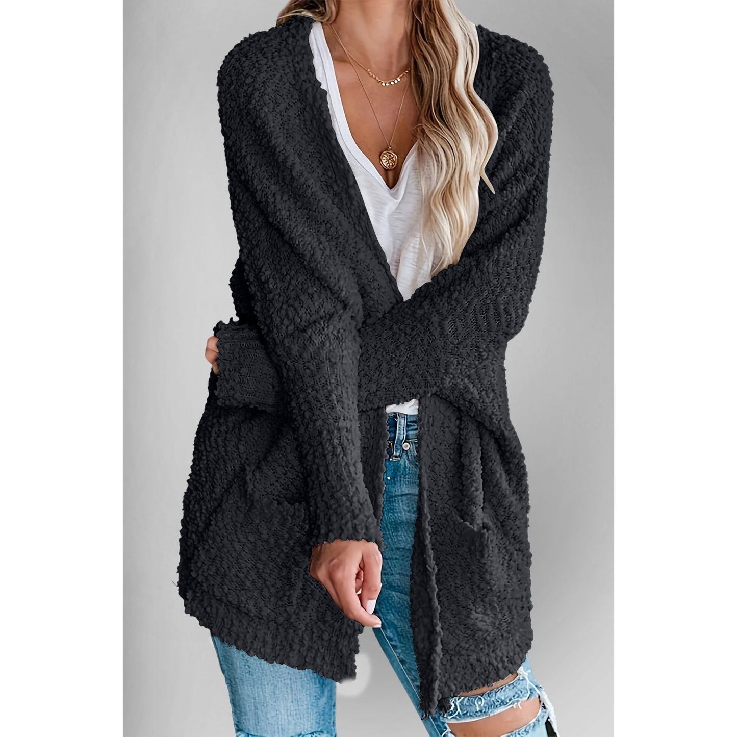 Double Take Pocketed Open Front Long Sleeve Cardigan