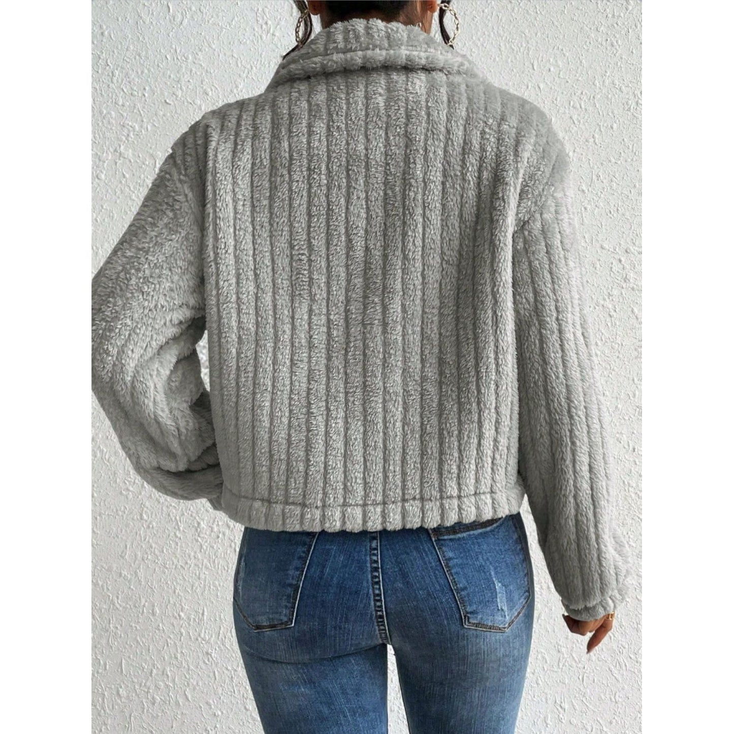 Fuzzy Button Up Collared Neck Jacket