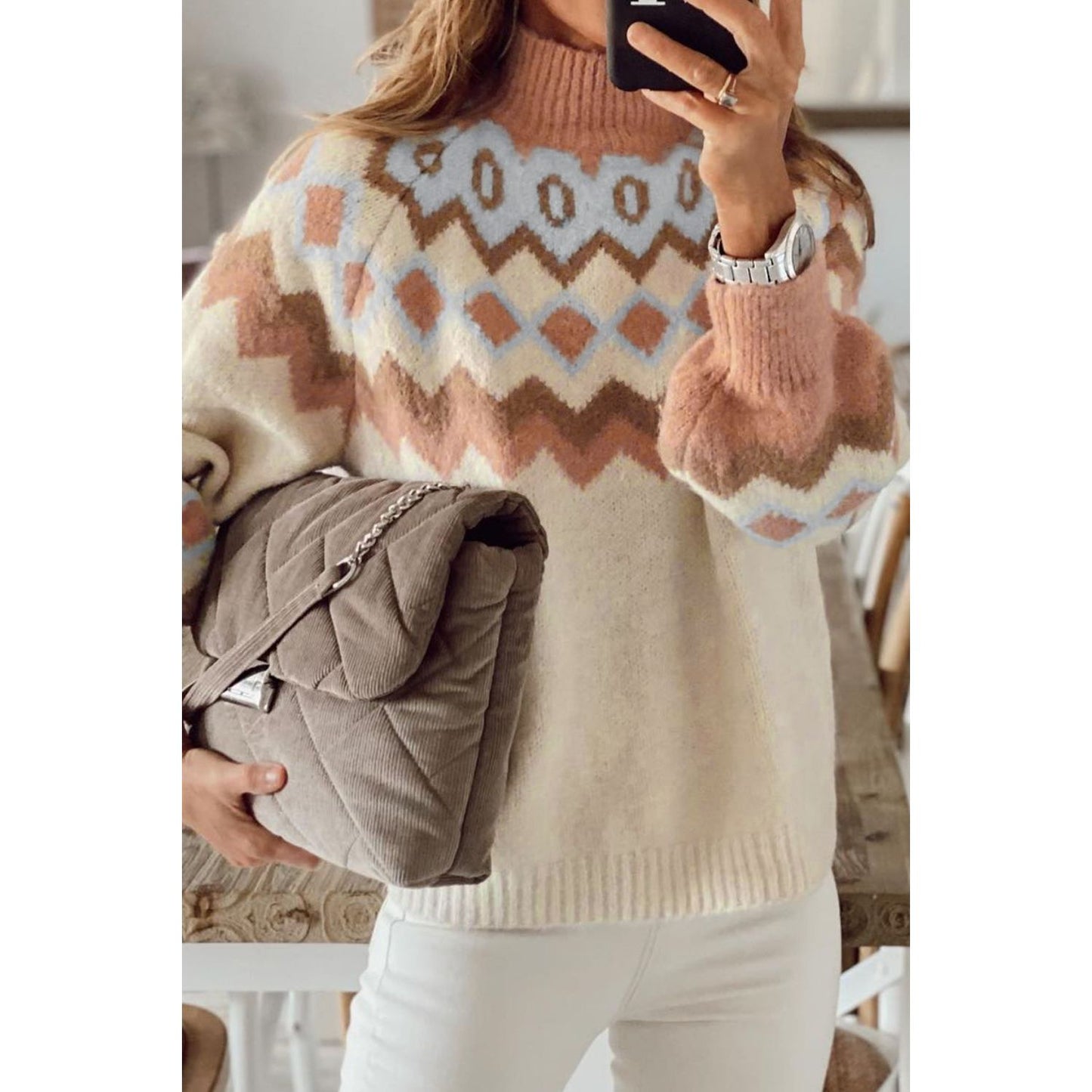 Geometric Mock Neck Long Sleeve Sweater