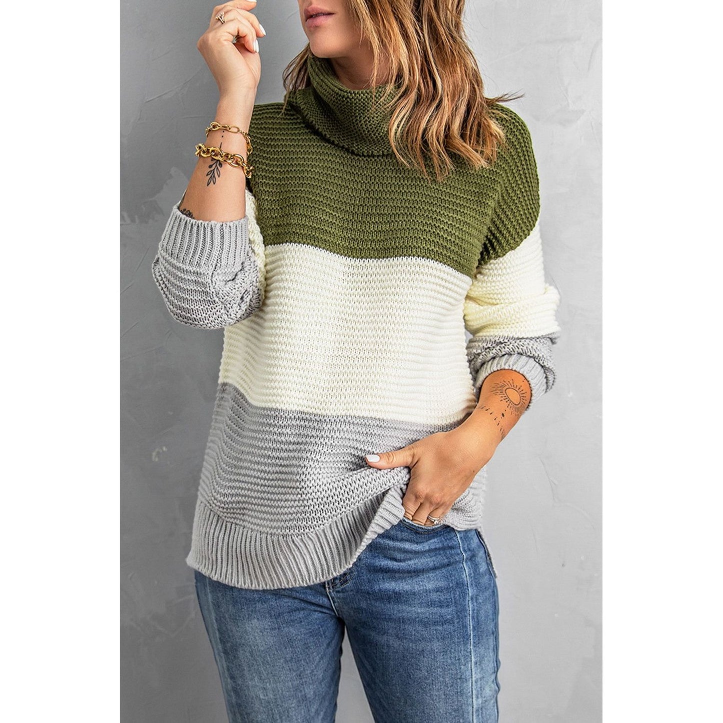 Color Block Turtleneck Long Sleeve Sweater