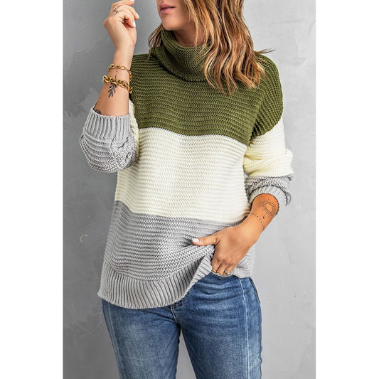 Color Block Turtleneck Long Sleeve Sweater