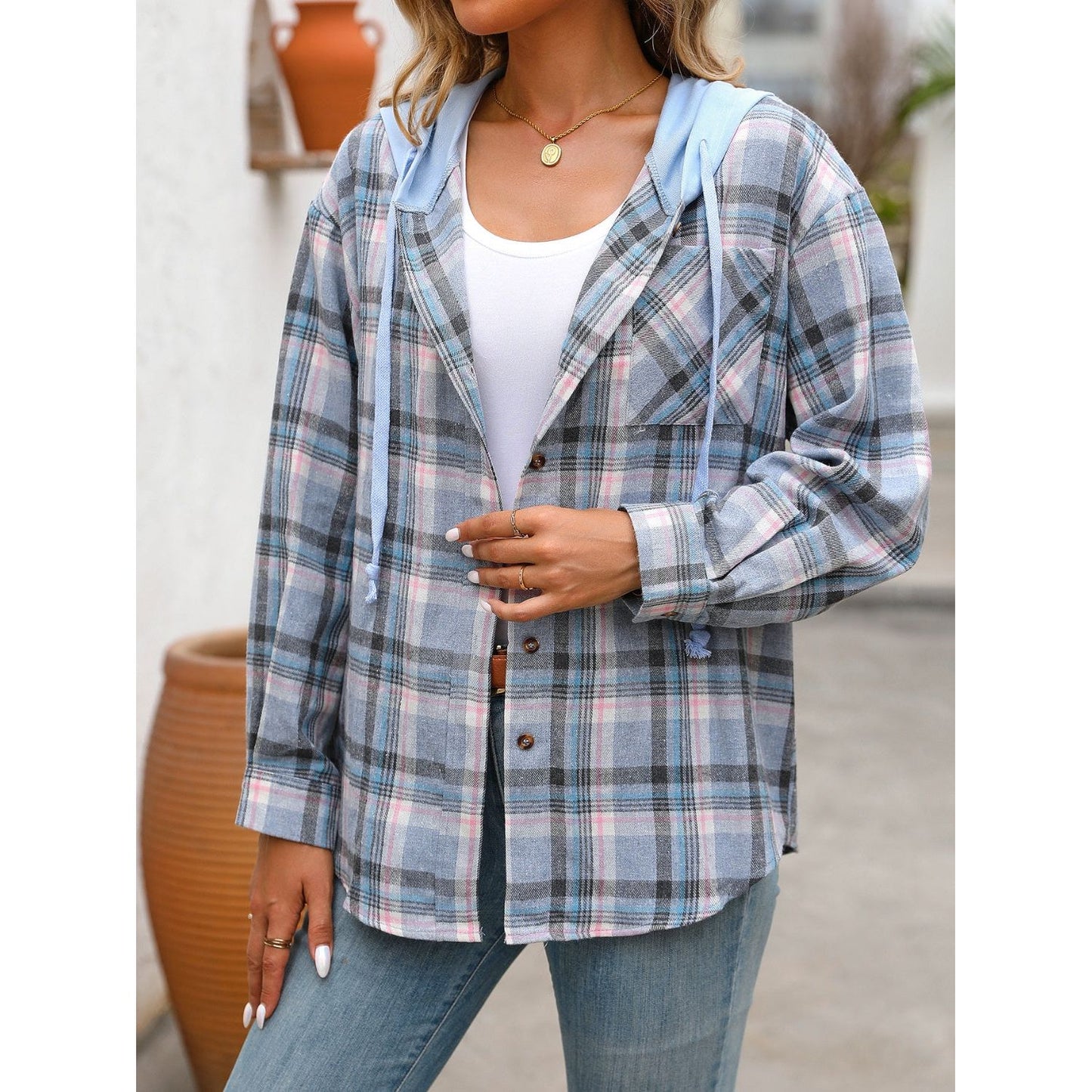 Plaid Long Sleeve Hooded Jacket