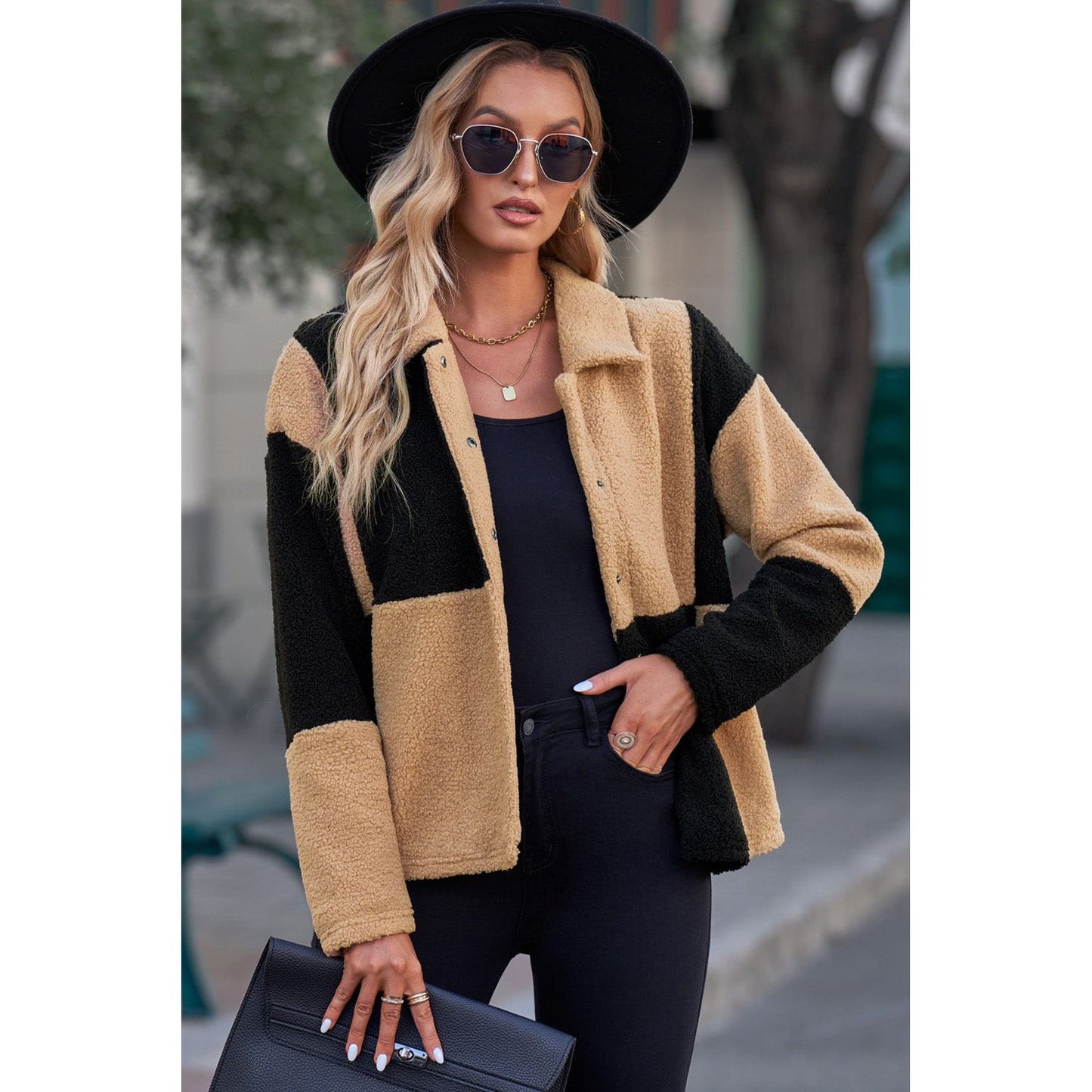 Color Block Snap Down Collared Neck Jacket