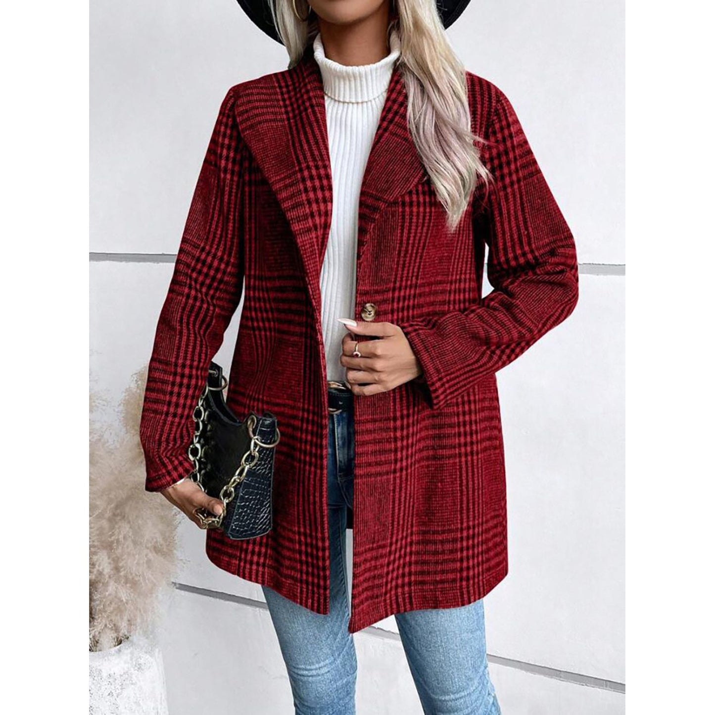 Plaid Collared Neck Long Sleeve Jacket