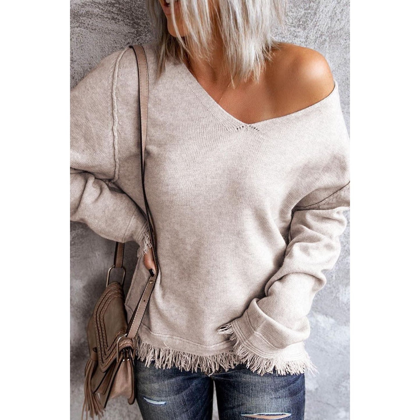 Exposed Seam Fringe Hem V-Neck Long Sleeve Sweater