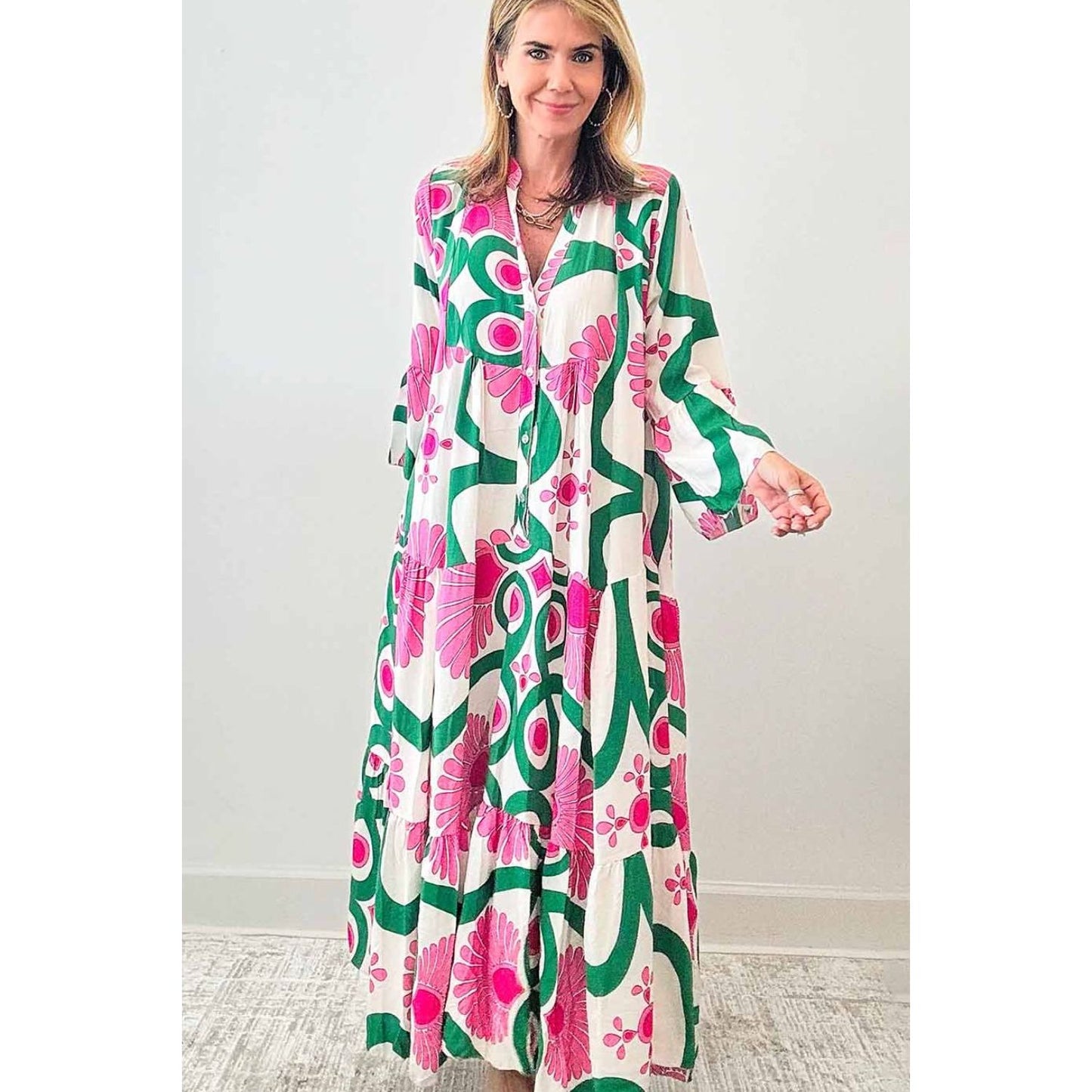 Printed Notched Long Sleeve Maxi Dress