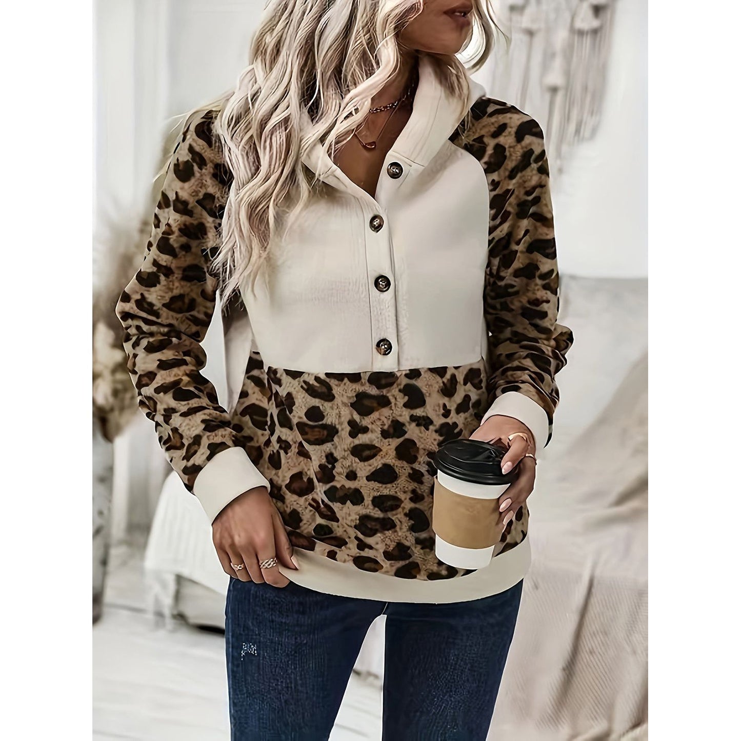 Leopard Half Button Long Sleeve Hoodie