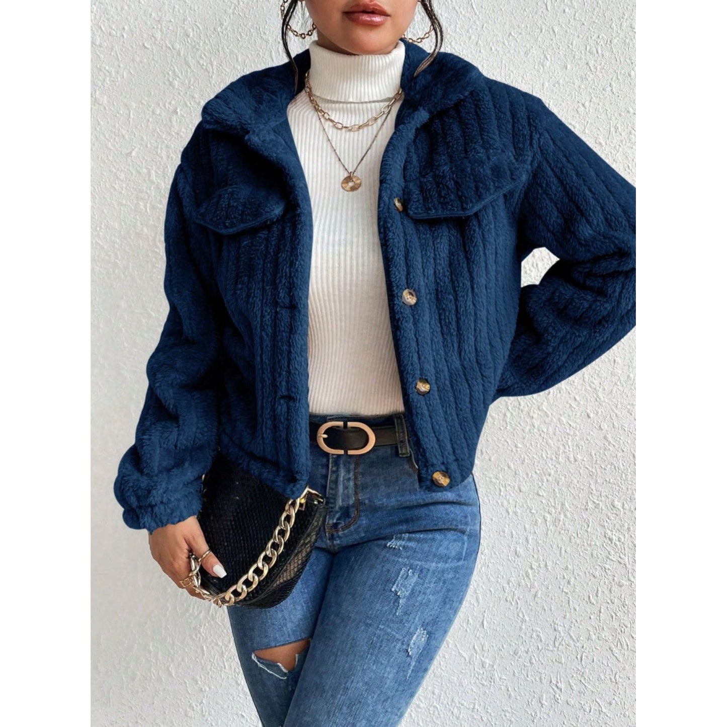 Fuzzy Button Up Collared Neck Jacket