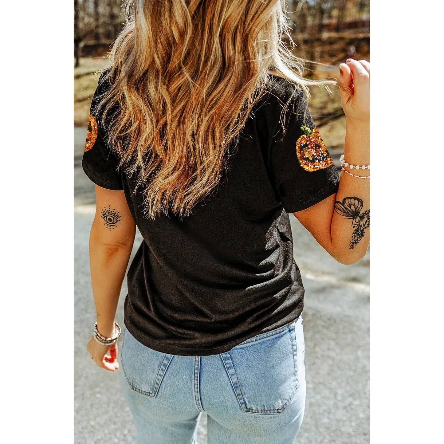 Sequin Pumpkin Round Neck Short Sleeve T-Shirt