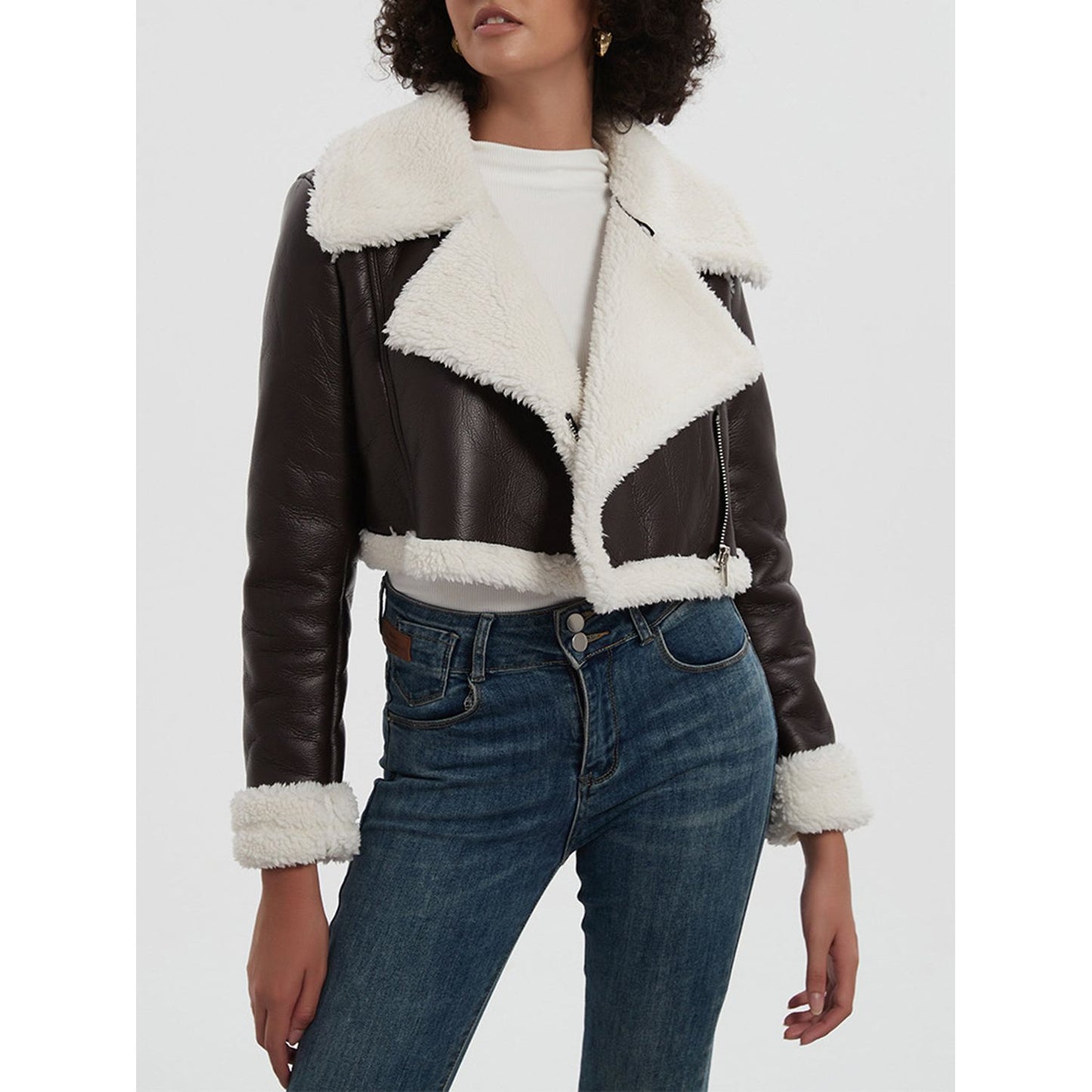 Collared Neck Long Sleeve Plush Cropped Jacket