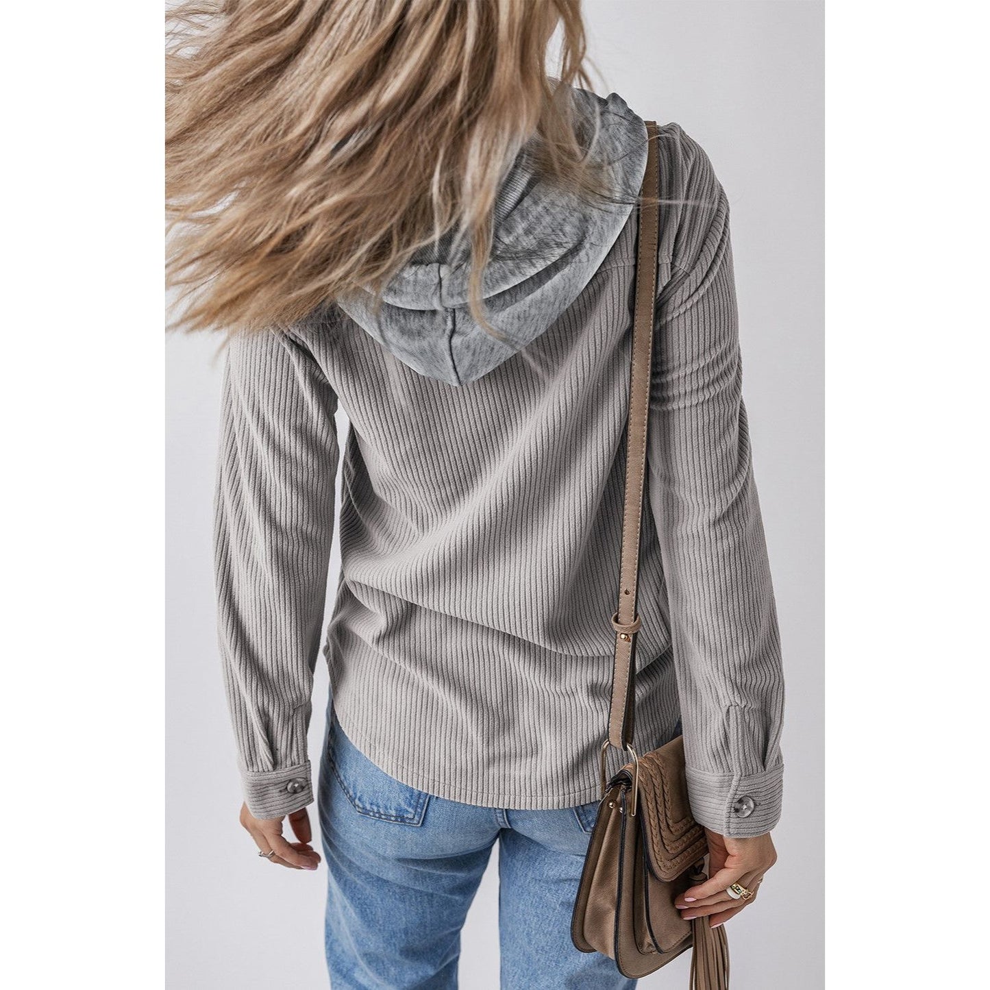 Drawstring Button Up Long Sleeve Hooded Jacket