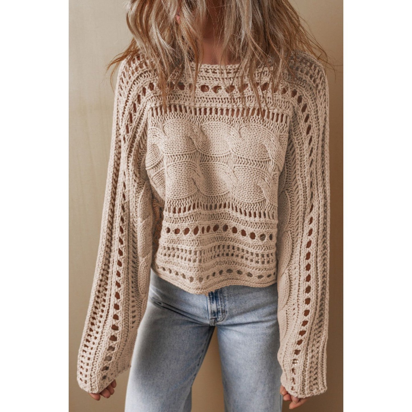 Cable-Knit Openwork Long Sleeve Sweater