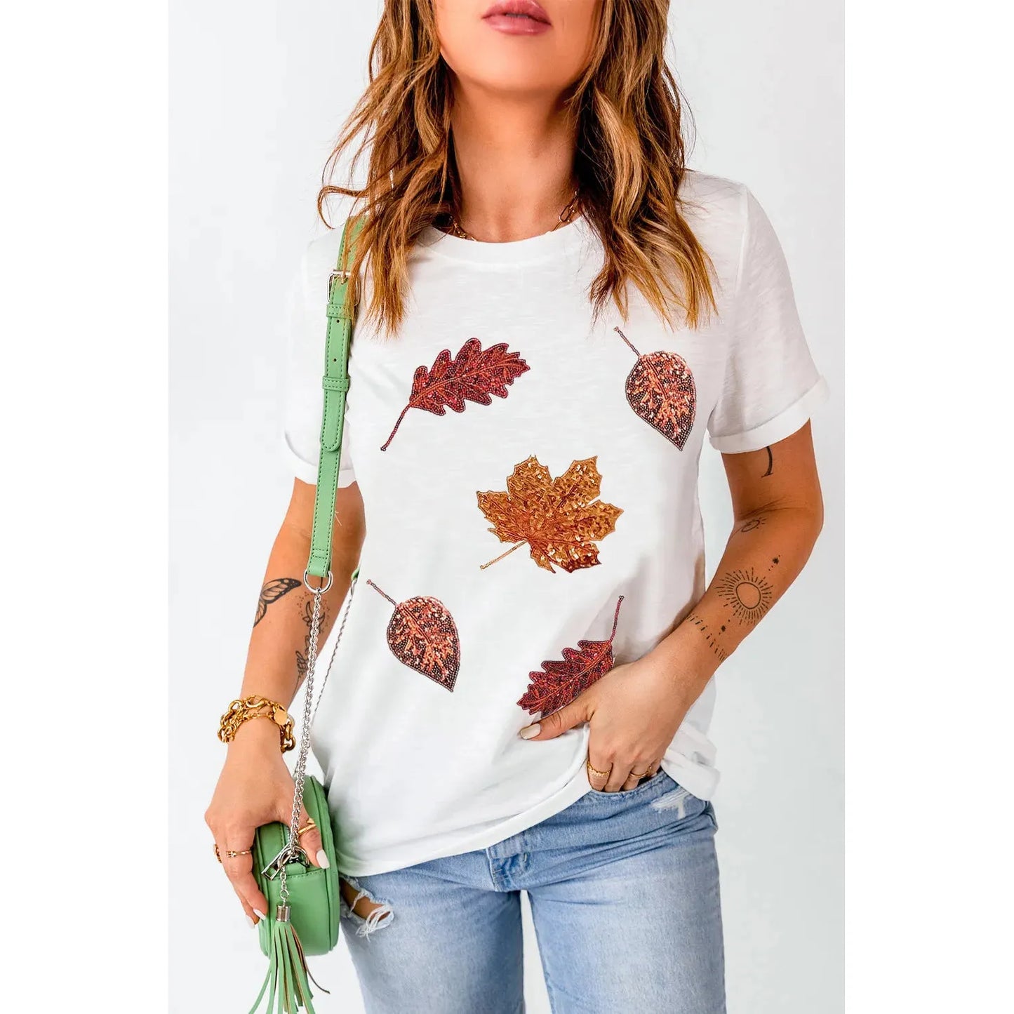 Maple Leaf Round Neck Short Sleeve T-Shirt