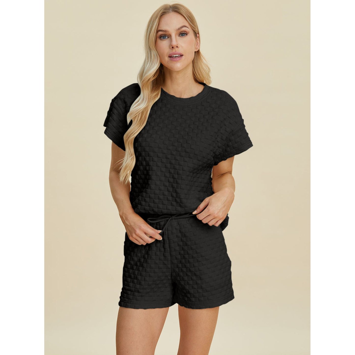 Double Take Full Size Texture T-Shirt and Shorts Set