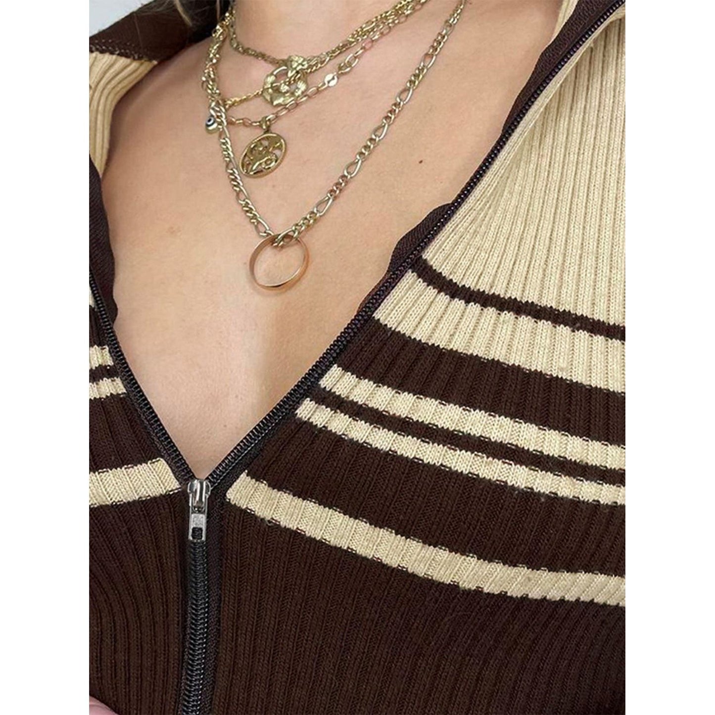 Striped Collared Neck Long Sleeve Knit Top