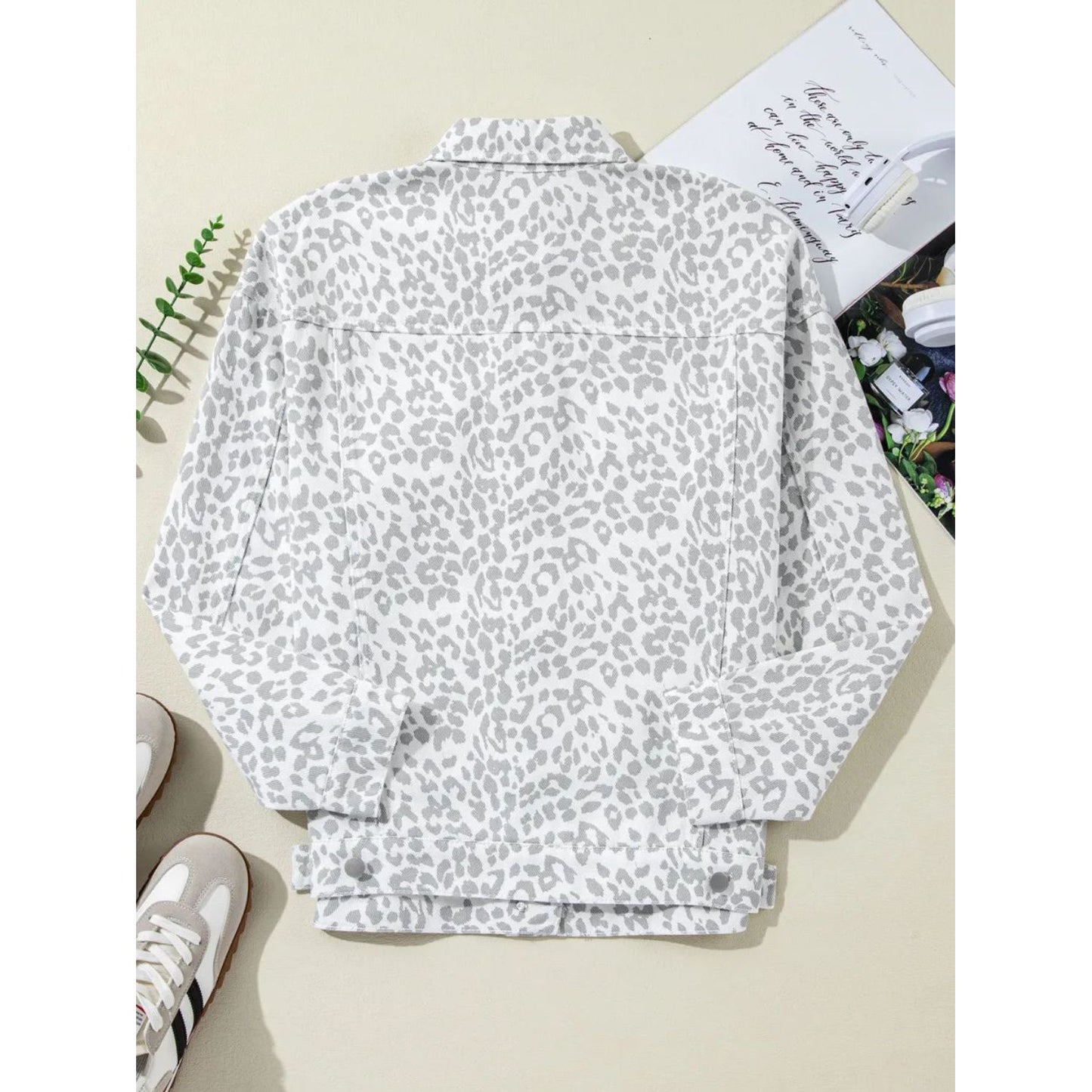 Leopard Button Up Long Sleeve Denim Jacket