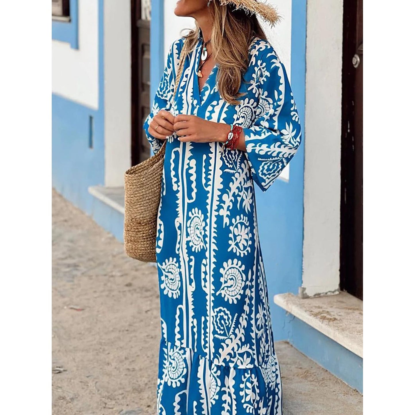Printed Notched Half Sleeve Maxi Dress