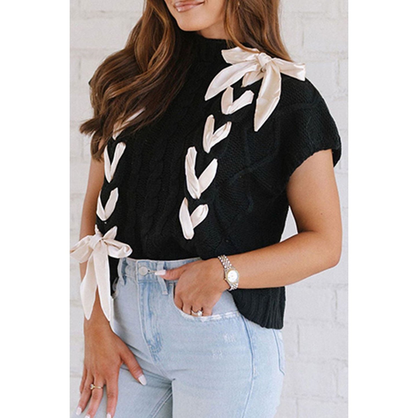 Lace-Up Mock Neck Short Sleeve Sweater