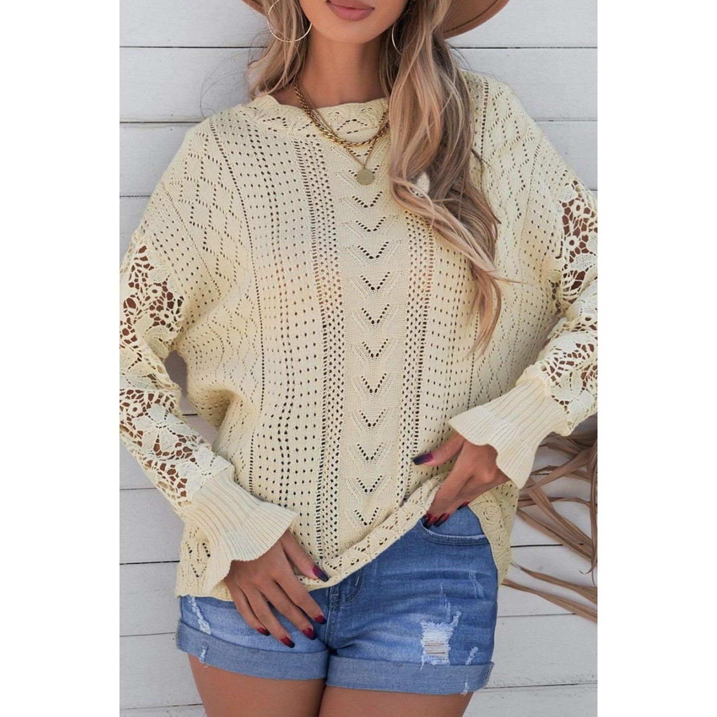 Openwork Round Neck Long Sleeve Sweater